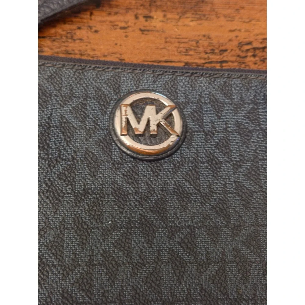 Michael Kors Navy Blue Monogram Wristlet Pouch MK Logo Silver Tone Hardware